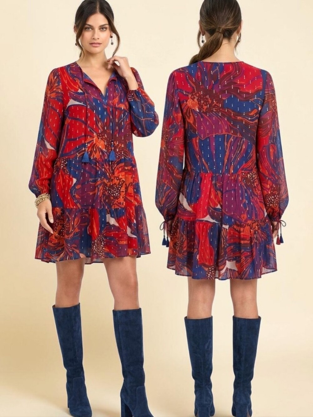 TRINA TURK Cinema Silk Tiered Boho Shift Dress - Size S